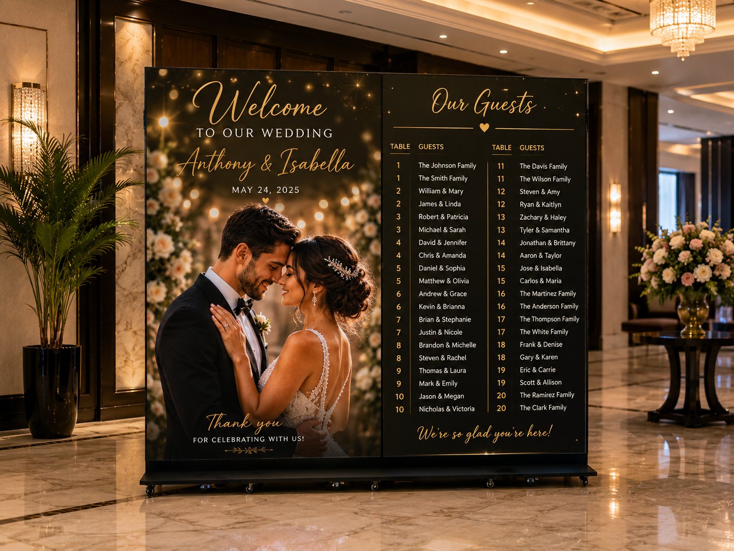Wide connected LED wedding welcome screen and digital guest seating chart