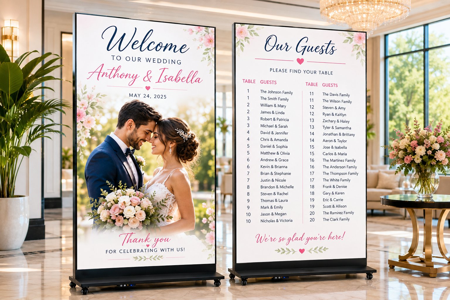 Two elegant wedding LED screens featuring a welcome design and guest seating list