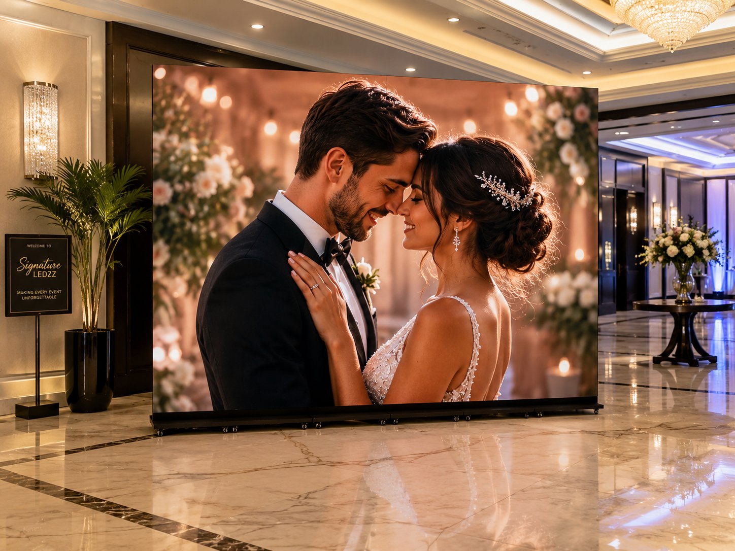 Couple embracing beside a large widescreen LED display at a wedding venue