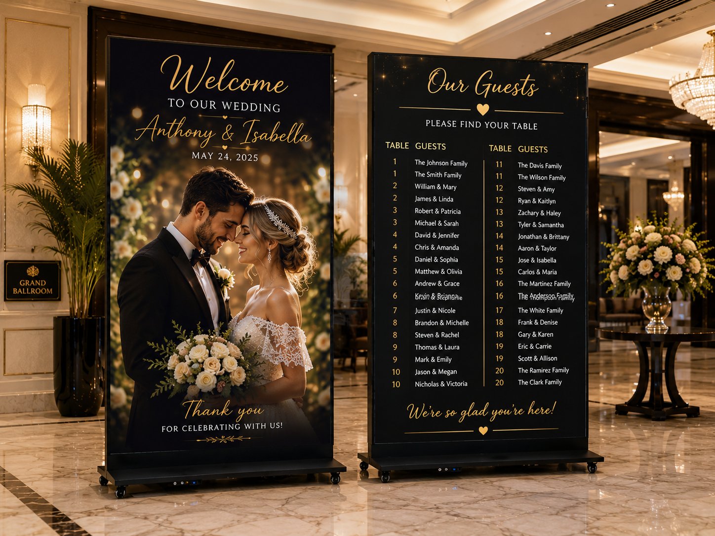 Two elegant black and gold wedding welcome and guest seating LED screens in a grand ballroom