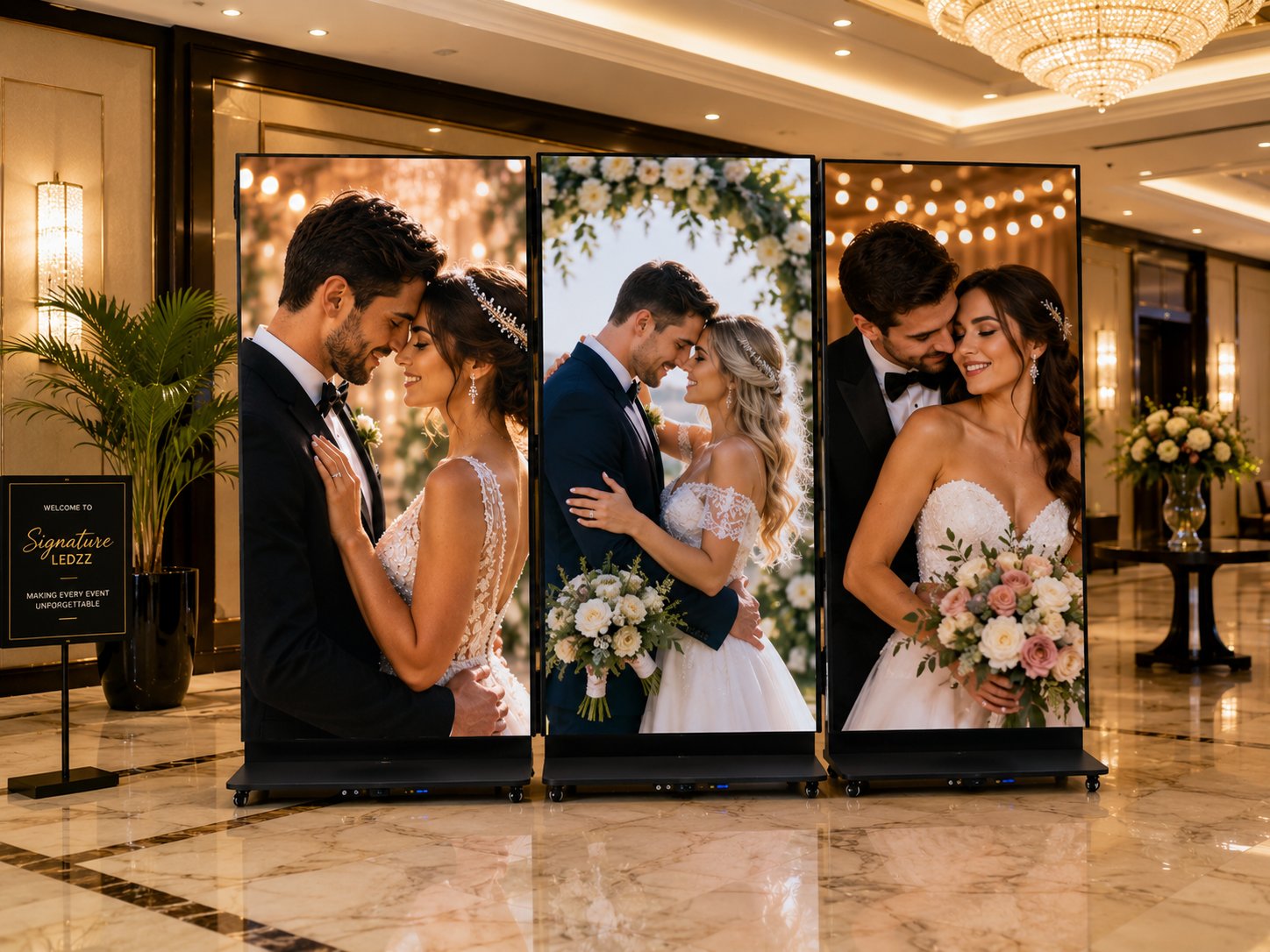 Three connected portrait LED screens each displaying wedding portraits